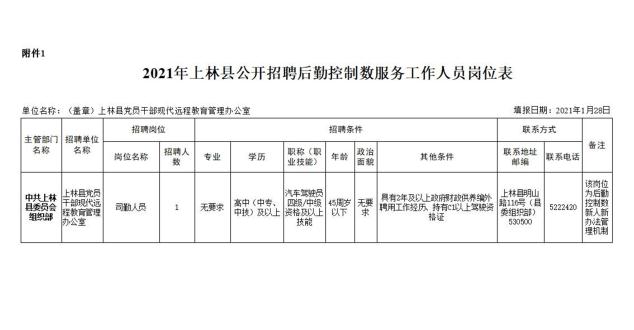 2021年广西南宁上林县招聘后勤服务人员简章